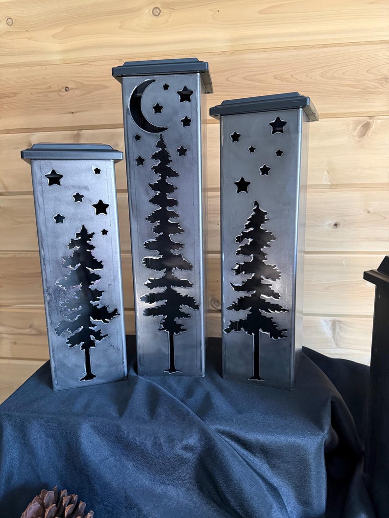 Garden Column, Garden Piller, Solar Luminary Piller, Pine Tree Night Sky, Metal Garden Luminary image 1