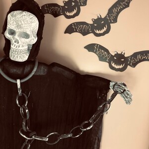 May include: A black skeleton with a chain hanging from its wrist, wearing a black hooded robe. The skeleton is hanging from the ceiling. There are three black bats with the text "Happy Halloween" on them hanging on the wall behind the skeleton.