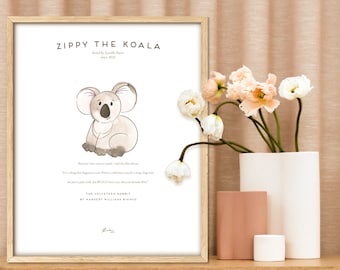 May include: A framed print with a watercolor illustration of a koala bear. The print is titled "Zippy the Koala" and includes a quote from the book "The Velveteen Rabbit" by Margery Williams Bianco.
