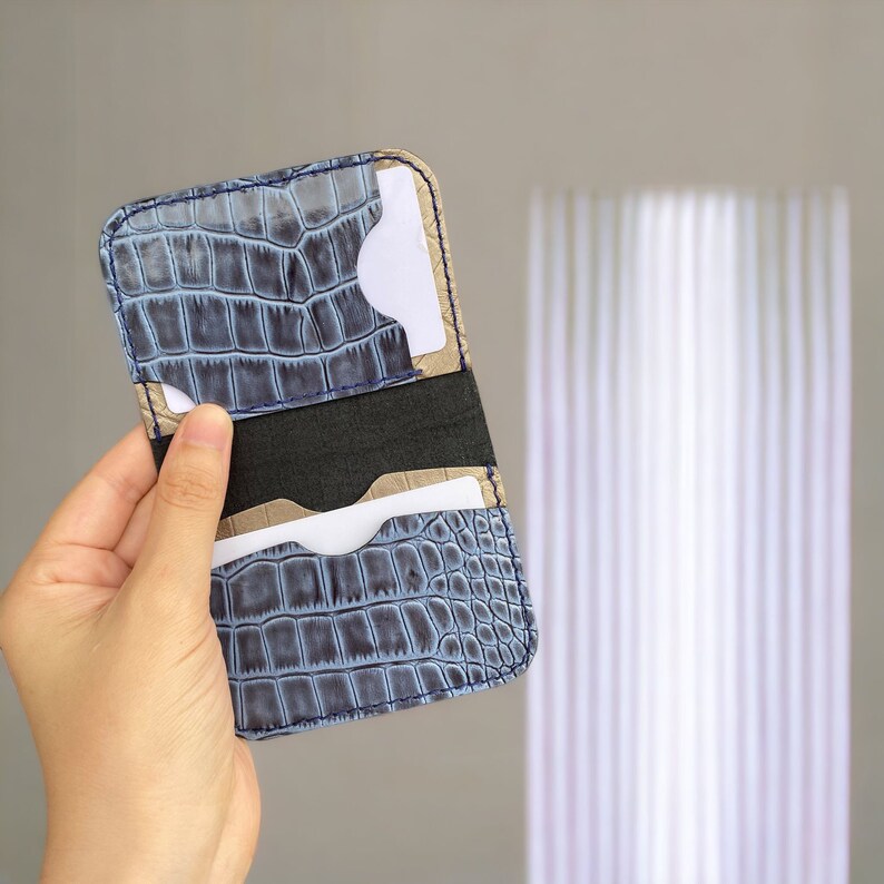 Blue Double Sided Leather Card Holder Wallet, Bifold Credit Card Holder, Handmade Men's Card