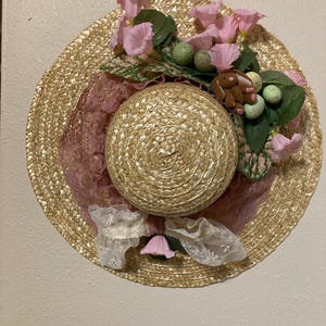 Easter Bonnet Wall Hanging/ Door Hanger - 18 inch - Straw Hat - Rabbit - Bird Eggs - Flowers - Lace - Easter Decor - Handmade - Victorian