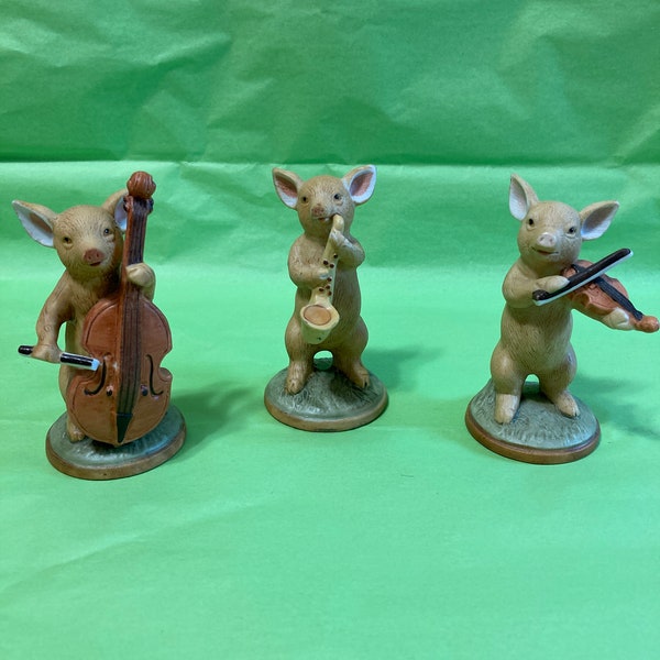 Vintage Enesco Three Little Pigs Figurines - 1997 - Saxaphone - Violin - Cello - Nursery Rhymes - Collectables - Nursery Decor
