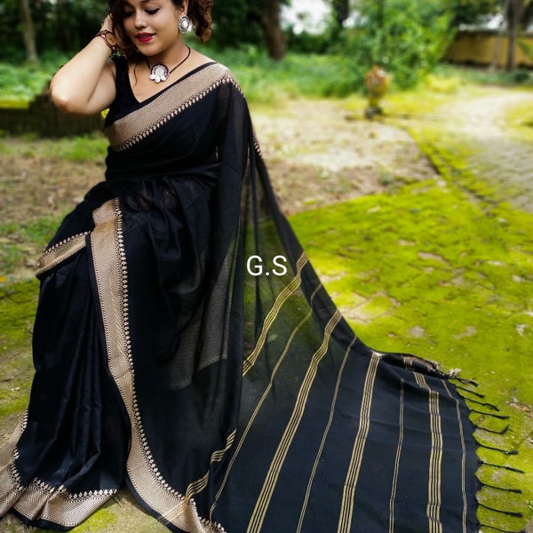 Coton Khadi noir Saree / Coton mercerisé pur Begumpuri Saree avec pièce de chemisier / Coton doux tissé à la main Saree / Coton Jamdani Sari