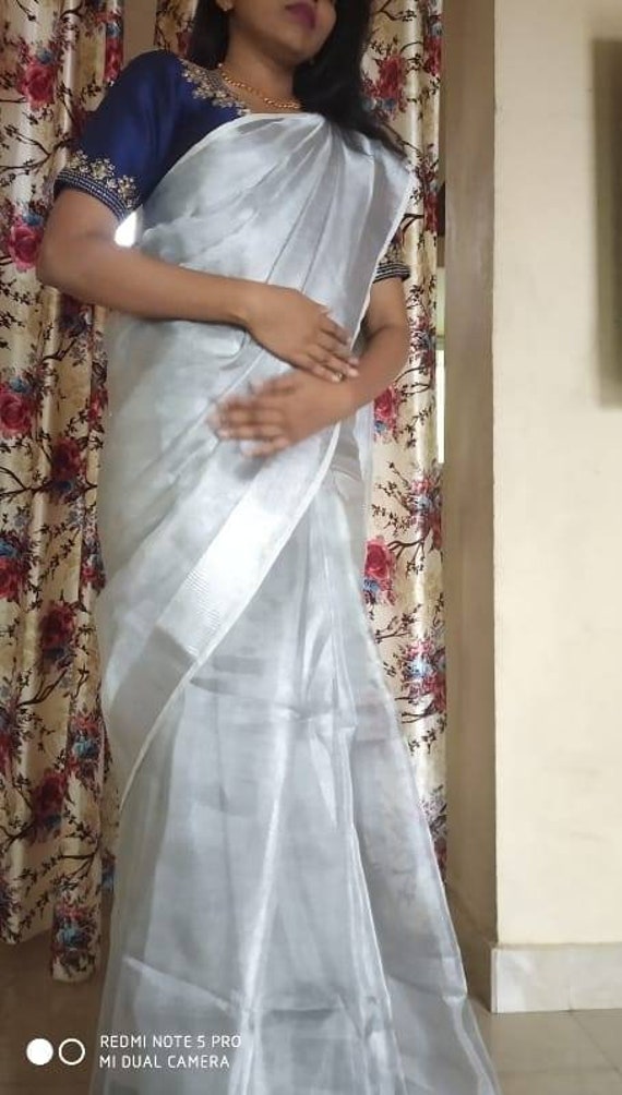 Organic Linen Silk Saree With Silver Zari Border Tissue Linen Etsy