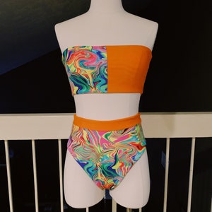 Groovy Two Piece Set/ Bandeau Top/ High Waisted Bottoms/ Rave Outfit