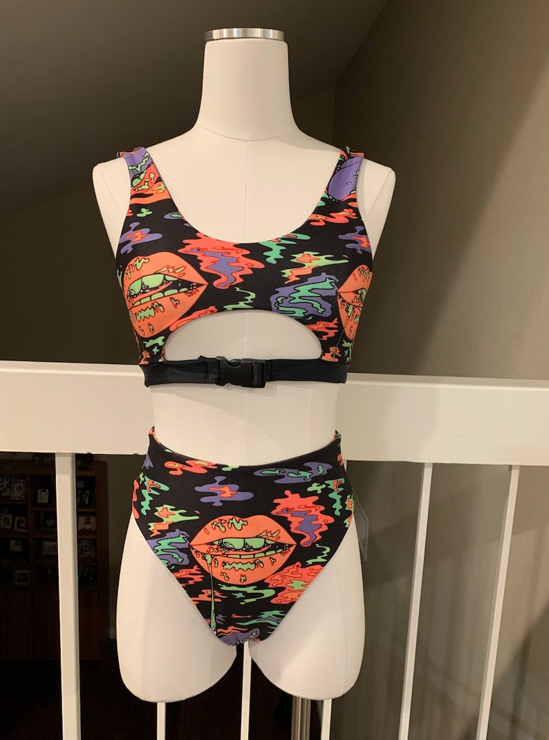 Trippy Drip Underboob Buckle Top & Bottoms Set/ Rave Outfit/ Festival Outfit/ Bathing Suit image 1