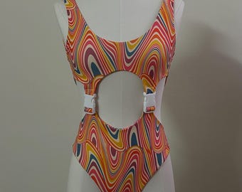 Kandi Stripe Buckle Up Bodysuit/ Rave Outfit/ Festival Outfit/ Bathing Suit