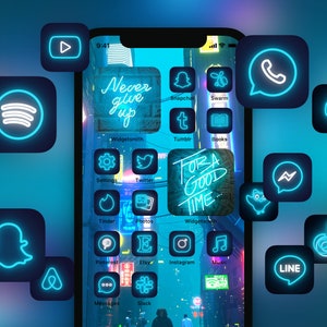 500+ Blue Neon iOS App Icon Pack | Turquoise Aqua Neon Aesthetic for iPhone Home Screen | Shortcuts, Bundle