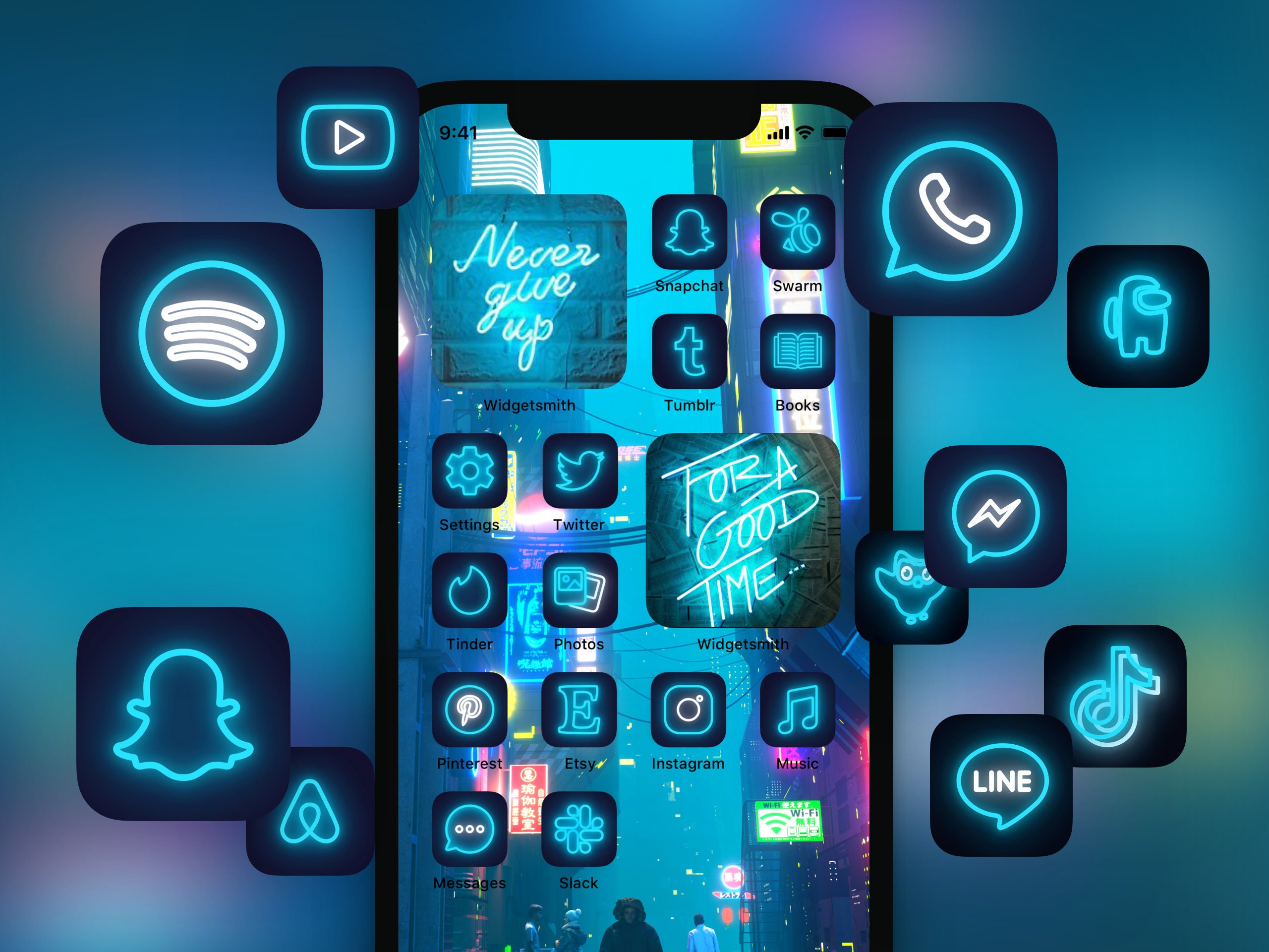 500 Blue Neon Ios 14 App Icon Pack Turquoise Aqua Neon Etsy