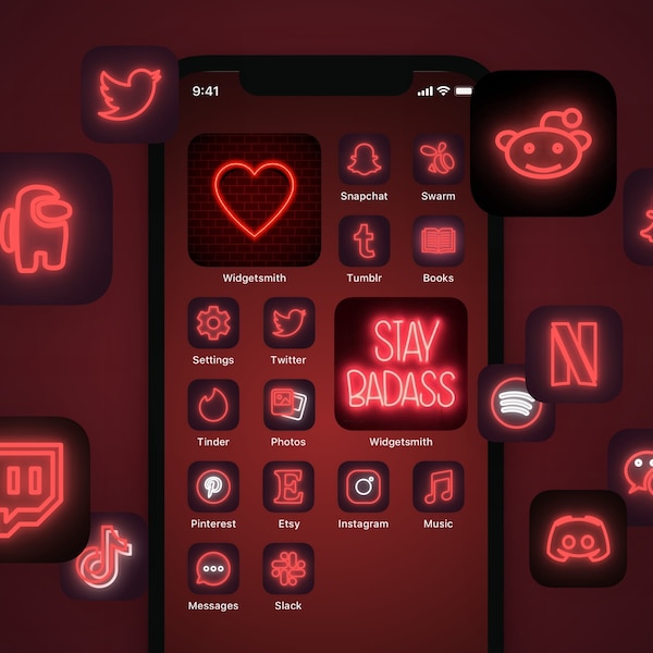 covers app on iphone 500+ Red Neon iOS App Icons | Christmas Aesthetic for iPhone Home Screen | High Quality iOS Themes Bundle, Shortcuts Covers
