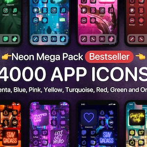 4 000 Neon iOS App Icons Covers for iPhone Home Screen | Unique Aesthetic Themes Bundle Shortcuts, Cyberpunk Retro, Widgetsmith