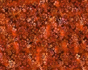 May include: A red and orange floral fabric with a damask pattern. The fabric has a subtle tie-dye effect.