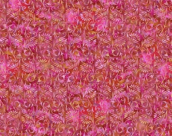 May include: A pink and orange fabric with a white floral pattern. The fabric has a watercolor effect and is perfect for quilting, crafts, and home decor.