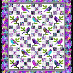 May include: A colorful quilt featuring a repeating pattern of birds perched on branches. The birds are in shades of purple, blue, and green, set against a white background with checkered squares. The quilt is framed with a floral border in vibrant colors.