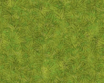 May include: Green fabric with a repeating pattern of small, stylized leaves. The leaves are a darker green with a lighter green outline.
