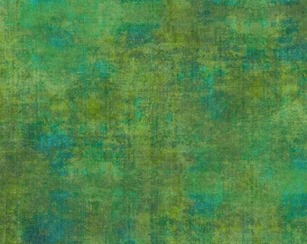 May include: Abstract green and blue textured fabric with a mottled, distressed look. The fabric has a subtle sheen and a slightly rough texture.