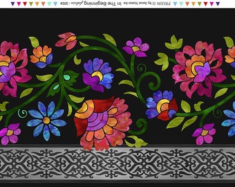 May include: A black background with a repeating pattern of colorful floral designs. The flowers are in shades of pink, red, orange, yellow, blue, green, and purple. The design is framed by a black and silver border.