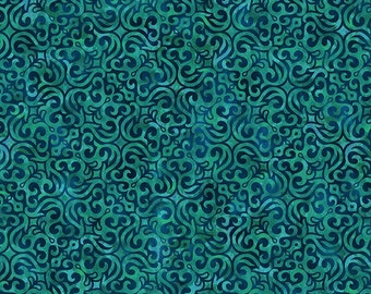 May include: Teal blue fabric with a repeating pattern of swirling, stylized floral designs. The fabric has a subtle watercolor effect.