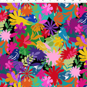 May include: A vibrant floral pattern featuring colorful flowers and birds. The design includes red, pink, yellow, and orange flowers, with blue and yellow birds. The background is a mix of black, green, and teal, creating a lively and eye-catching design.