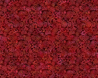 May include: Red fabric with a paisley and floral pattern. The fabric is a deep red color with a subtle ombre effect. The pattern is made up of small paisley shapes and delicate flowers.