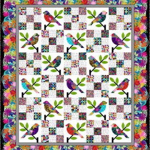 May include: A colorful quilt featuring a repeating pattern of vibrant birds perched on green branches. The birds are in various colors and patterns, set against a white background with checkered squares. The quilt has a floral border in bright colors.