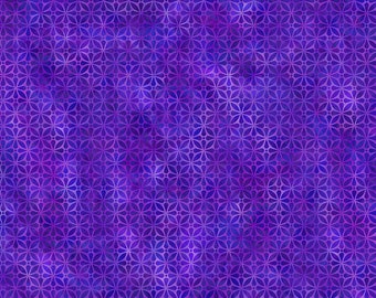 May include: Purple fabric with a repeating pattern of small, white, flower-like shapes. The fabric has a subtle, watercolor-like effect.