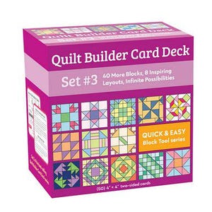 May include: A magenta box labeled "Quilt Builder Card Deck Set #3" with colorful quilt block designs. The box includes text indicating 40 blocks, 8 layouts, and 50 two-sided cards, each 4" x 4". The box also has the words "Quick & Easy Block Tool series".