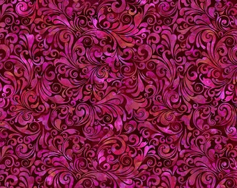 May include: A seamless fabric pattern with a dark red background and a swirling pink floral design.