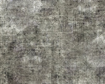 May include: A textured fabric with a distressed, worn look. The fabric has a dark gray background with lighter gray and white streaks and speckles. The fabric has a rough, uneven surface.