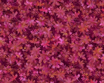 May include: A pink and red floral fabric with a watercolor effect. The fabric features a repeating pattern of stylized flowers and leaves.