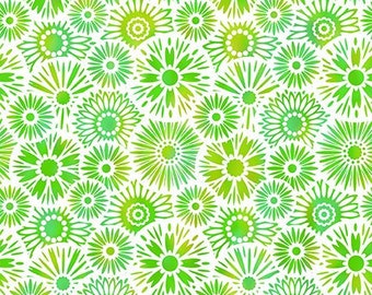 May include: A seamless pattern featuring green and white stylized flowers on a white background. The flowers are arranged in a random pattern and have a watercolor effect.