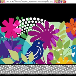 May include: A colorful fabric design featuring stylized birds and flowers against a black background. The design includes various flowers in shades of pink, orange, and purple, with blue and yellow birds. A gray and white geometric border is at the bottom.