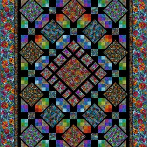 May include: A rectangular quilt featuring a central diamond pattern surrounded by smaller diamond and square blocks in vibrant, multicolored stained-glass style prints. The design is set against a black background with a floral border.