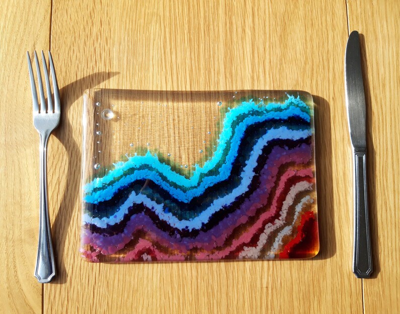 Handcrafted Fused Glass Blue, Pink and Purple Tablemat, Multicol
