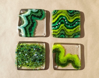 Handcrafted Fused Glass Forest, Green, Coaster Set