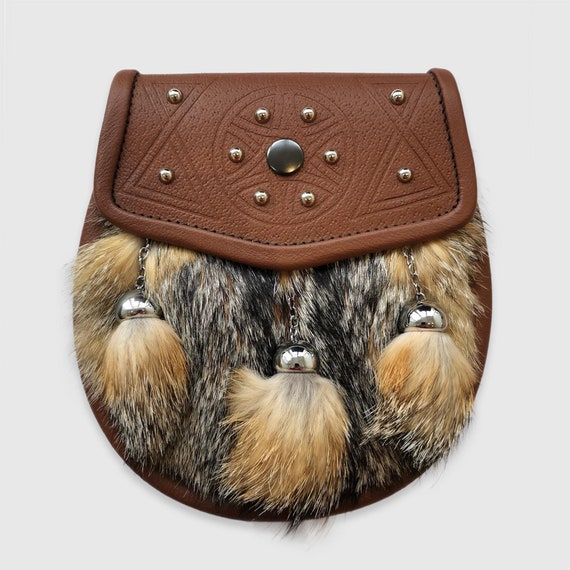 Semi Dress Sporran Grey Fox Pelt with Brown Leather Celtic Star and Studwork