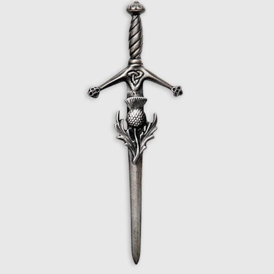 AAR Scottish Celtic Sword Kilt Pin – 4 Inch Chrome Finish With Stone, Locking Back For Highland Wear