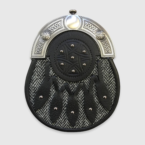 Handmade Harris Tweed & Black Leather Intricate Stud Sporran