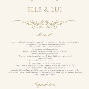 Peut inclure: Un document intitulé "ELLE & LUI Accords" définissant un ensemble d'accords pour un couple. Le texte comprend des directives pour respecter les décisions, la communication et les obligations religieuses. Il souligne également l'importance de l'honnêteté, du respect et de l'évitement des conflits.
