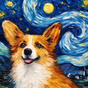 Vincent Vang Gogh Starry Night Corgi Digital Print - Instant Download, dog poster, corgi painting, digital art, printable wall art