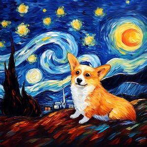 Vincent Vang Gogh Starry Night Corgi Digital Print - Instant Download, dog poster, corgi painting, digital art, printable wall art