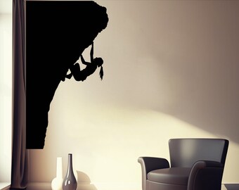 Rock Climbing Wall Vinyl Decal Stickers - Mountain Climber Silhouette Mural for Kids' Bedroom and Home Decor