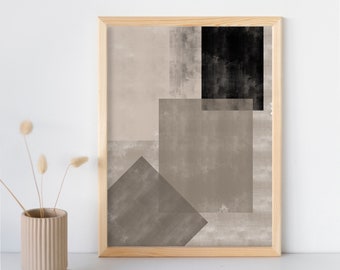 Abstract beige and black printable wall art, geometric art poster, square shape art print, contemporary painting