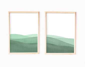 Abstract sage green printable wall art, landscape art, green tones art poster, mid century modern decor, set of 2 prints