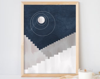 Moon printable art, navy blue abstract wall art, lunar phases poster, dark blue modern painting, minimalist watercolor print, wall decor