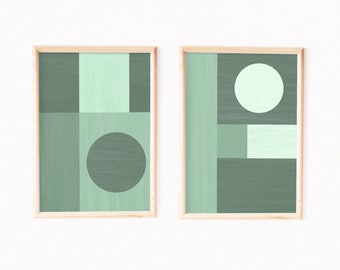 Abstract sage green printable wall art, green tones art, geometric art poster, mid century modern decor, set of 2 prints