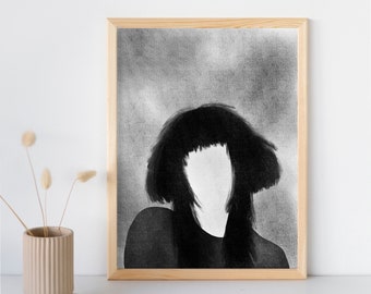 Abstract charcoal portrait wall art, black and white printable art poster, abstract faces art prints, contemporary wall decor