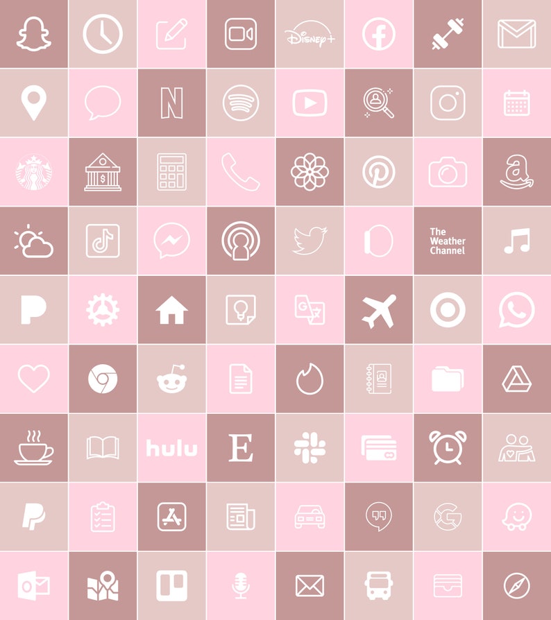 May include: A grid of 64 white icons on a pink and brown background. The icons represent popular social media platforms, apps, and websites, including Snapchat, Instagram, Facebook, Twitter, YouTube, TikTok, Spotify, and more.