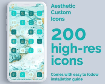 Lavish in Aquamarine and Gold | 200 Aesthetic Custom Themed App icons pack | iPhone iOS 14 | Minimal Lifestyle App Covers | March Birthstone