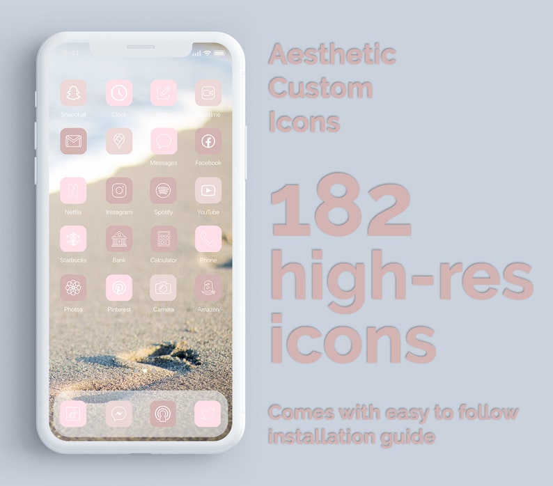 May include: A mockup of a smartphone screen displaying 182 high-resolution custom icons in a pink and white aesthetic. The icons are arranged in a grid pattern on a sandy background. The text "Aesthetic Custom Icons" and "182 high-res icons" is displayed above the phone screen. The text "Comes with easy to follow installation guide" is displayed below the phone screen.